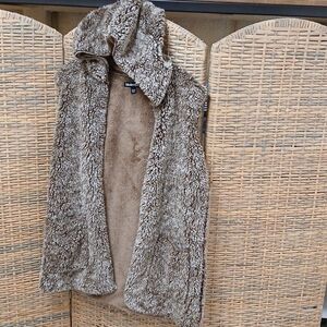 Kimberly.e Fleece Faux Fur Look Open Cardigan Vest Pockets Hooded